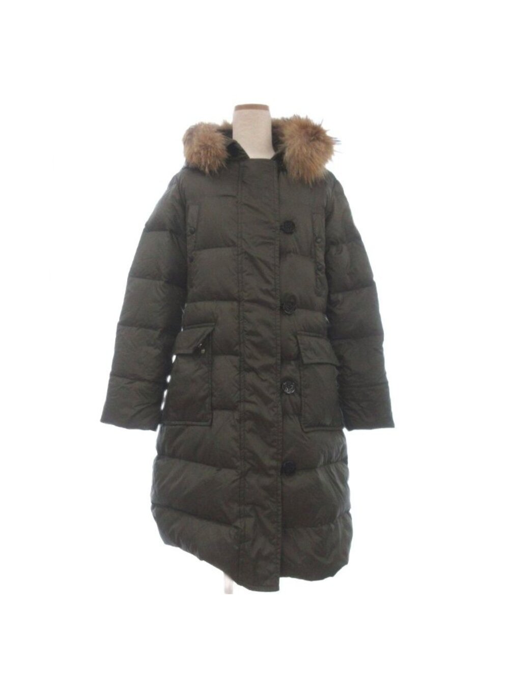 Moncler Messina Down Coat Knee Length Long Sleeve Hood Comic Tag Logo Khaki